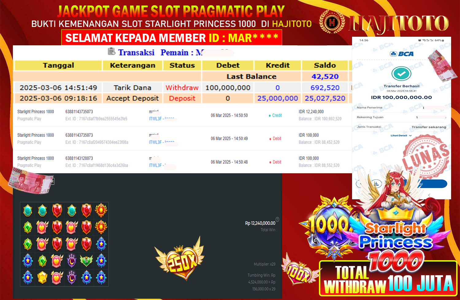 SELAMAT KEPADA PEMENANG MEMBER MERAIH JACKPOT DI GAME SLOT STARLIGHT PRINCESS X1000 TOTAL RP 100.000.000 DI BAYAR LUNAS